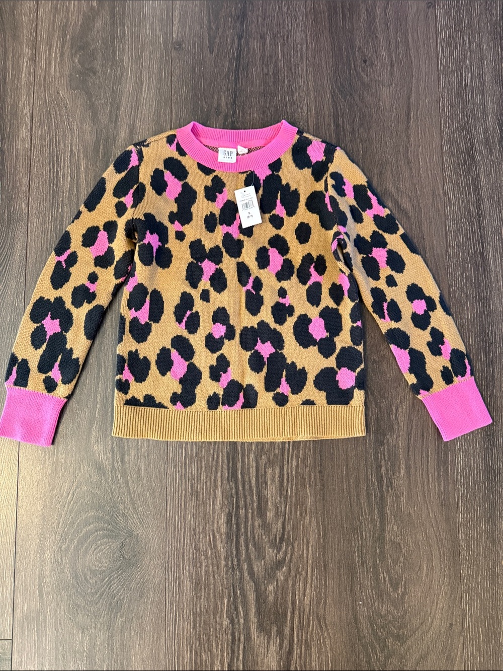 GAP Kids Leopard Print Sweater in Tan, Black & Pink, Size Small 6-7